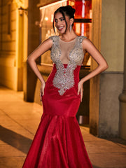 Glittering Rhinestone-Embellished Mermaid Prom Dress Burgundy