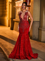 Luxury Rhinestone Illusion Mermaid Evening Dress Burgundy