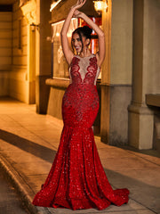 Luxury Rhinestone Illusion Mermaid Evening Dress Burgundy