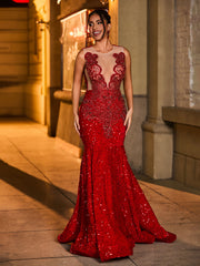 Luxury Rhinestone Illusion Mermaid Evening Dress Burgundy