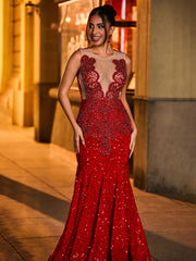 Luxury Rhinestone Illusion Mermaid Evening Dress Burgundy