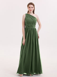 One Shoulder Chiffon and Lace Bridesmaid Dress-Olive Green