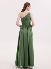 One Shoulder Chiffon and Lace Bridesmaid Dress-Olive Green