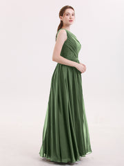 One Shoulder Chiffon and Lace Bridesmaid Dress-Olive Green