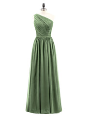One Shoulder Chiffon and Lace Bridesmaid Dress-Olive Green