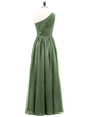 One Shoulder Chiffon and Lace Bridesmaid Dress-Olive Green