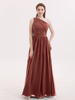 One Shoulder Chiffon and Lace Bridesmaid Dress-Terracotta