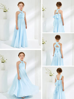 A-line Halter Neckline Sleeveless Junior Bridesmaid Dresses Sky Blue