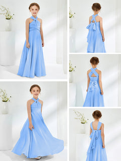 A-line Halter Neckline Sleeveless Junior Bridesmaid Dresses Blue