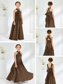 A-line Halter Neckline Sleeveless Junior Bridesmaid Dresses Brown