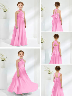 A-line Halter Neckline Sleeveless Junior Bridesmaid Dresses Candy Pink