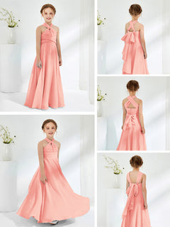 A-line Halter Neckline Sleeveless Junior Bridesmaid Dresses Coral