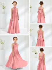 A-line Halter Neckline Sleeveless Junior Bridesmaid Dresses Flamingo