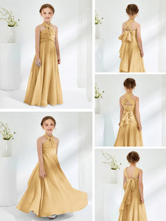 A-line Halter Neckline Sleeveless Junior Bridesmaid Dresses Gold