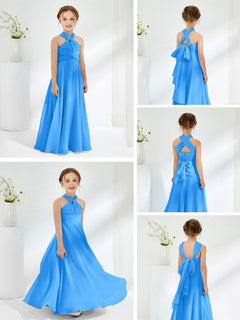 A-line Halter Neckline Sleeveless Junior Bridesmaid Dresses Ocean Blue