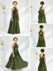 A-line Halter Neckline Sleeveless Junior Bridesmaid Dresses Olive Green