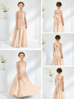 A-line Halter Neckline Sleeveless Junior Bridesmaid Dresses Peach