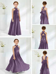 A-line Halter Neckline Sleeveless Junior Bridesmaid Dresses Plum