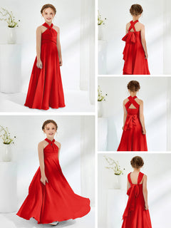 A-line Halter Neckline Sleeveless Junior Bridesmaid Dresses Red