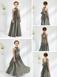 A-line Halter Neckline Sleeveless Junior Bridesmaid Dresses Steel Grey