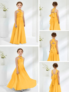 A-line Halter Neckline Sleeveless Junior Bridesmaid Dresses Tangerine