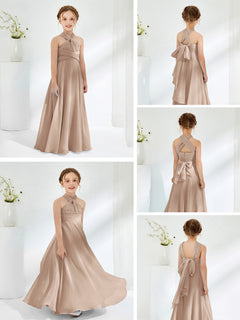 A-line Halter Neckline Sleeveless Junior Bridesmaid Dresses Taupe