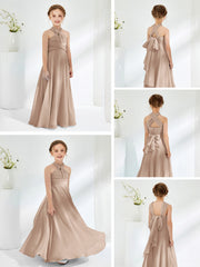 A-line Halter Neckline Sleeveless Junior Bridesmaid Dresses Taupe