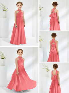 A-line Halter Neckline Sleeveless Junior Bridesmaid Dresses Watermelon