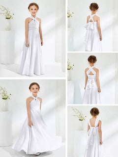 A-line Halter Neckline Sleeveless Junior Bridesmaid Dresses White