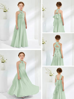 A-line Halter Neckline Sleeveless Junior Bridesmaid Dresses Dusty Sage