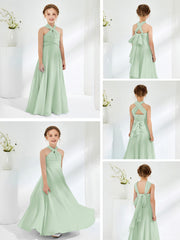 A-line Halter Neckline Sleeveless Junior Bridesmaid Dresses Dusty Sage