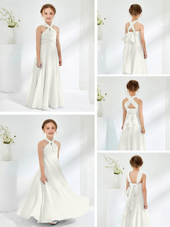 A-line Halter Neckline Sleeveless Junior Bridesmaid Dresses Ivory