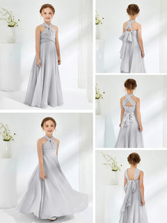 A-line Halter Neckline Sleeveless Junior Bridesmaid Dresses Silver