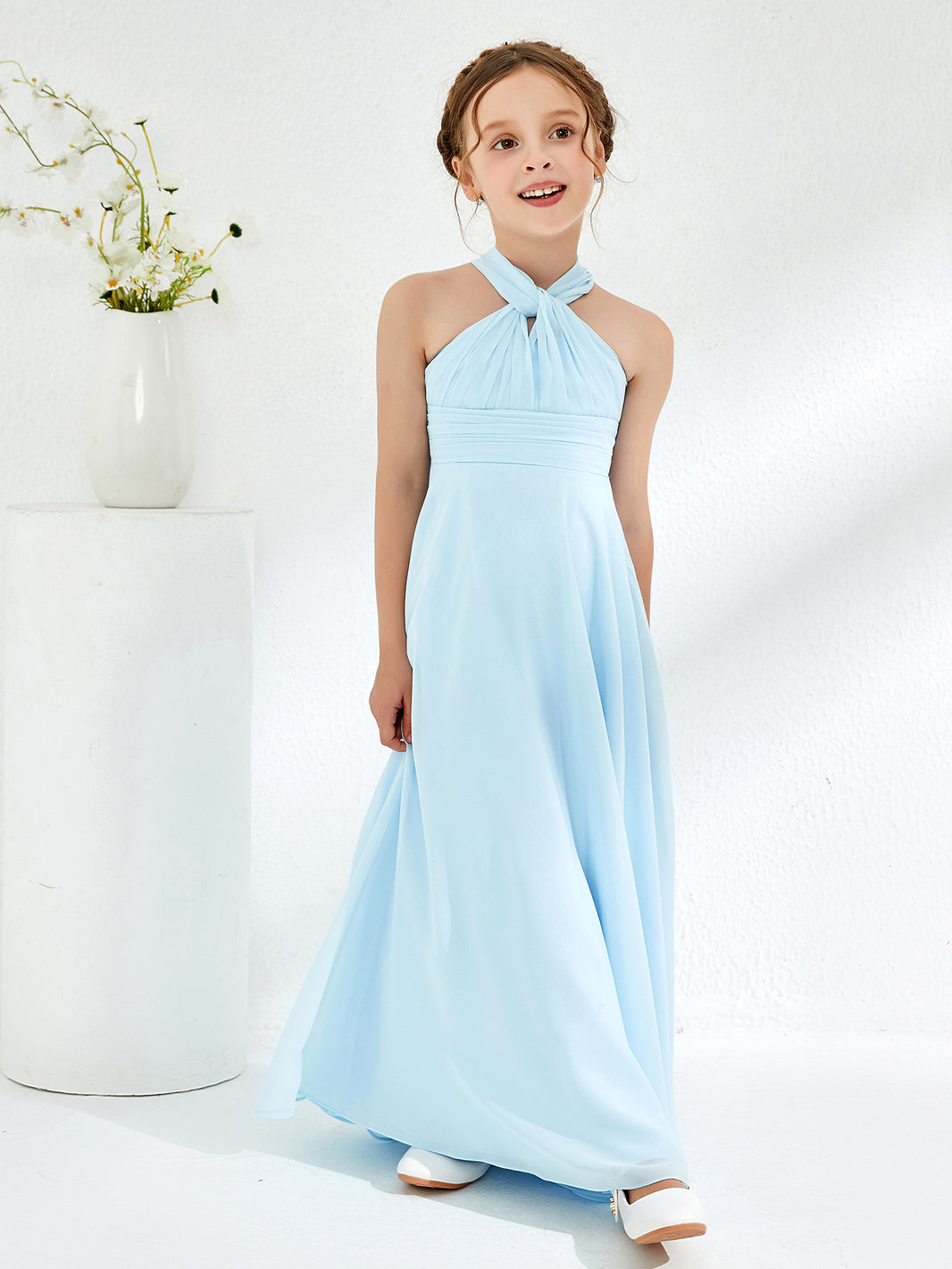 BABARONI Chiffon Sky Blue Junior Bridesmaid Dresses A-line Halter