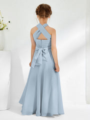 A-line Halter Neckline Sleeveless Junior Bridesmaid Dresses Dusty Blue