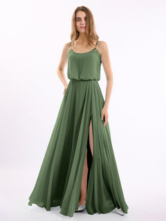 Spaghetti Strap Scoop Chiffon Dresses with Slit Olive Green