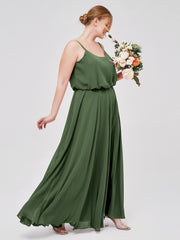 Spaghetti Strap Scoop Chiffon Dresses with Slit Olive Green Plus Size