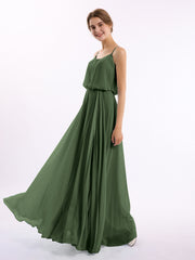 Spaghetti Strap Scoop Chiffon Dresses with Slit Olive Green