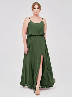 Spaghetti Strap Scoop Chiffon Dresses with Slit Olive Green Plus Size