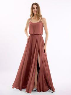 Spaghetti Strap Scoop Chiffon Dresses with Slit Terracotta