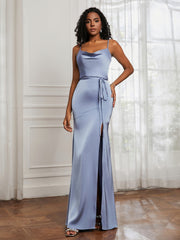 Square Sheath Floor-length Dress With Belt Dusty Blue