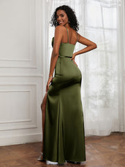 Square Sheath Floor-length Dress With Belt Olive Green
