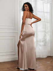 Square Sheath Floor-length Dress With Belt Taupe