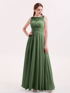 Illusion Neck Chiffon and Lace Long Dresses-Olive Green