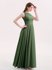 Illusion Neck Chiffon and Lace Long Dresses-Olive Green