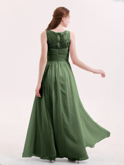 Illusion Neck Chiffon and Lace Long Dresses-Olive Green