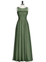 Illusion Neck Chiffon and Lace Long Dresses-Olive Green
