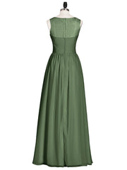 Illusion Neck Chiffon and Lace Long Dresses-Olive Green