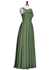 Illusion Neck Chiffon and Lace Long Dresses-Olive Green