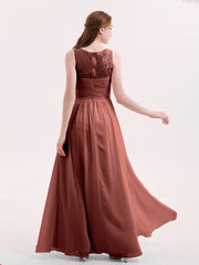 Illusion Neck Chiffon and Lace Long Dresses-Terracotta Plus Size